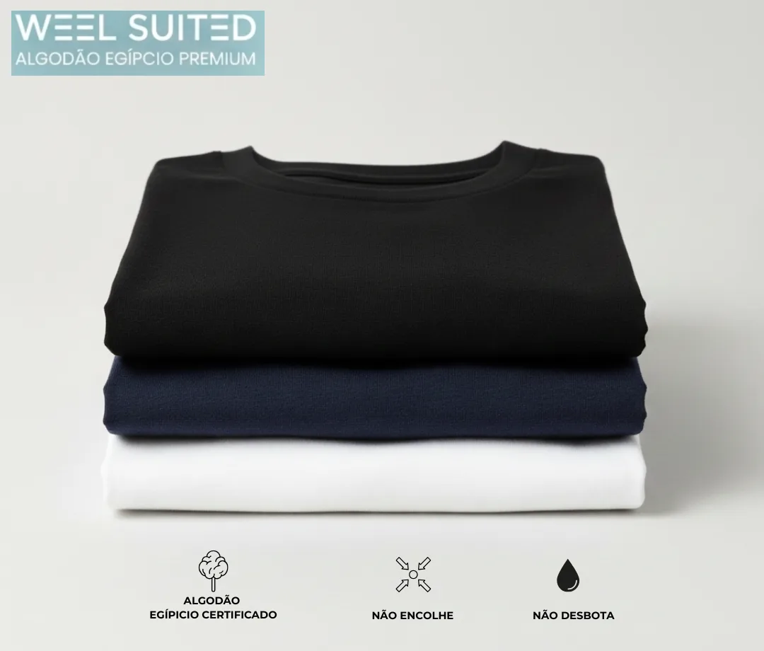 Camisetas Weel Suited empilhadas em preto, azul-marinho e branco