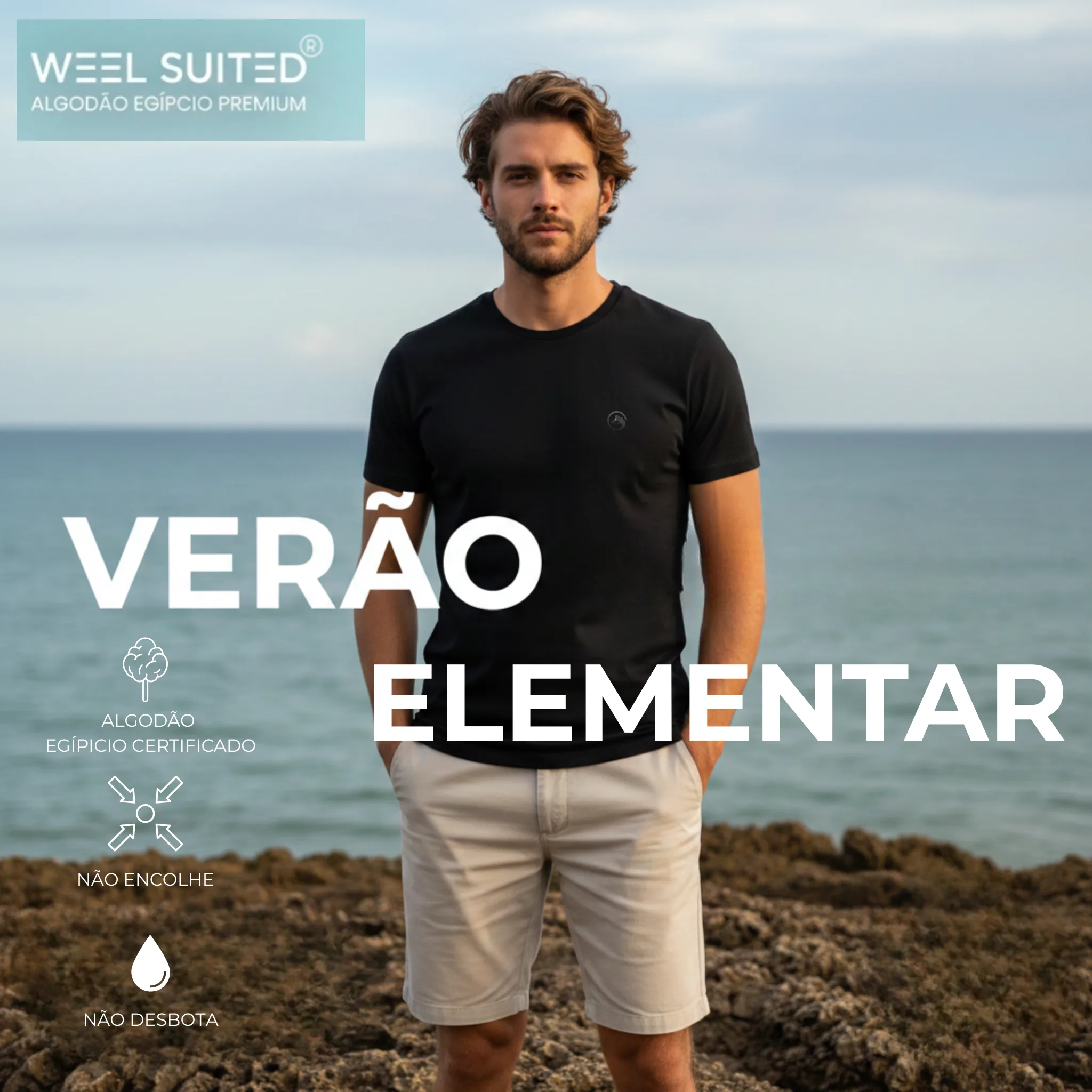 Modelo usando camiseta preta Weel Suited em cenário de verão